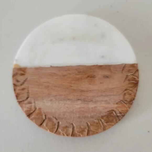 Handmade Marble and Wood Round Coaster Set of 2 Acacia Wood White Marble - Picture 4 of 7